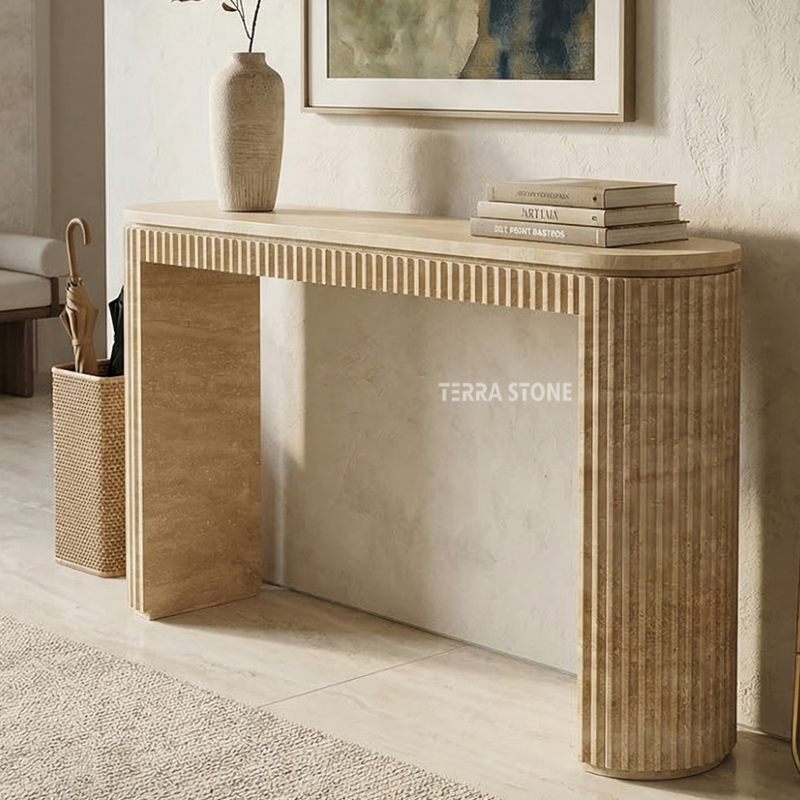beige travertine marble console table with semi circular table legs beige travertine marble console table with semi circular table legs