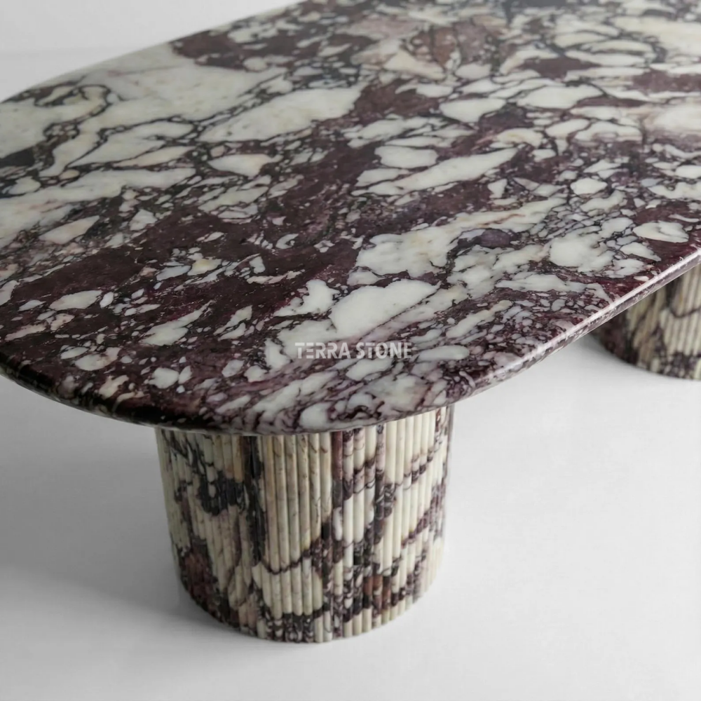 handcrafted calacatta viola marble dining table: solid slab, fluted base handcrafted calacatta viola marble dining table: solid slab, fluted base