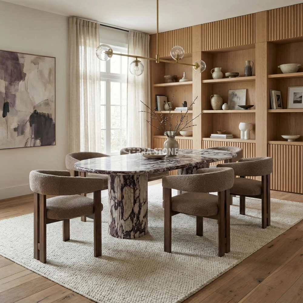 handcrafted calacatta viola marble dining table: solid slab, fluted base handcrafted calacatta viola marble dining table: solid slab, fluted base