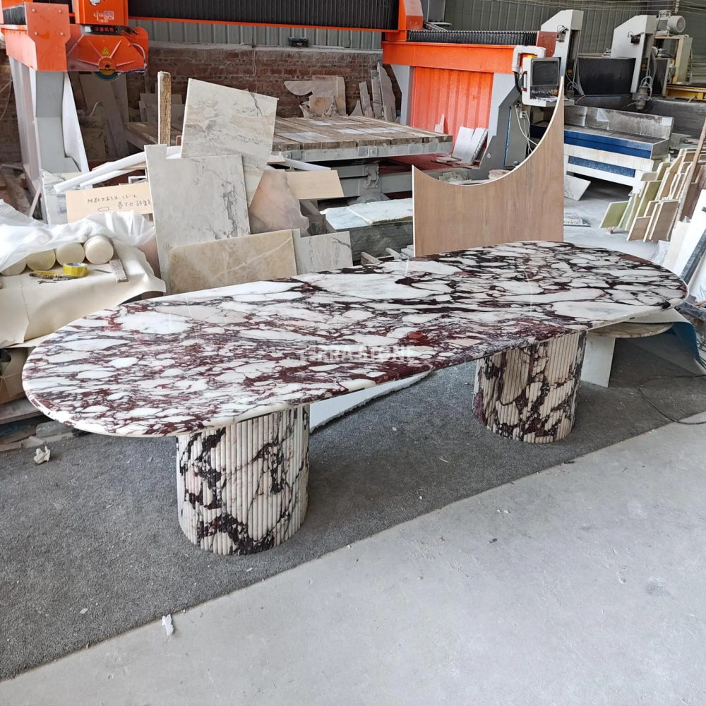 handcrafted calacatta viola marble dining table: solid slab, fluted base handcrafted calacatta viola marble dining table: solid slab, fluted base