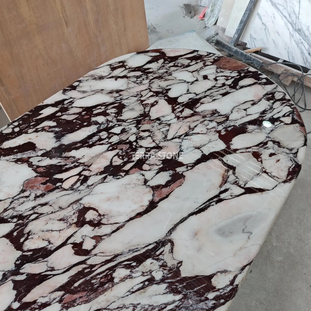 handcrafted calacatta viola marble dining table: solid slab, fluted base handcrafted calacatta viola marble dining table: solid slab, fluted base