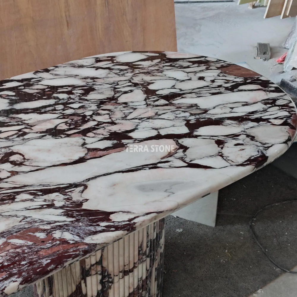 handcrafted calacatta viola marble dining table: solid slab, fluted base handcrafted calacatta viola marble dining table: solid slab, fluted base
