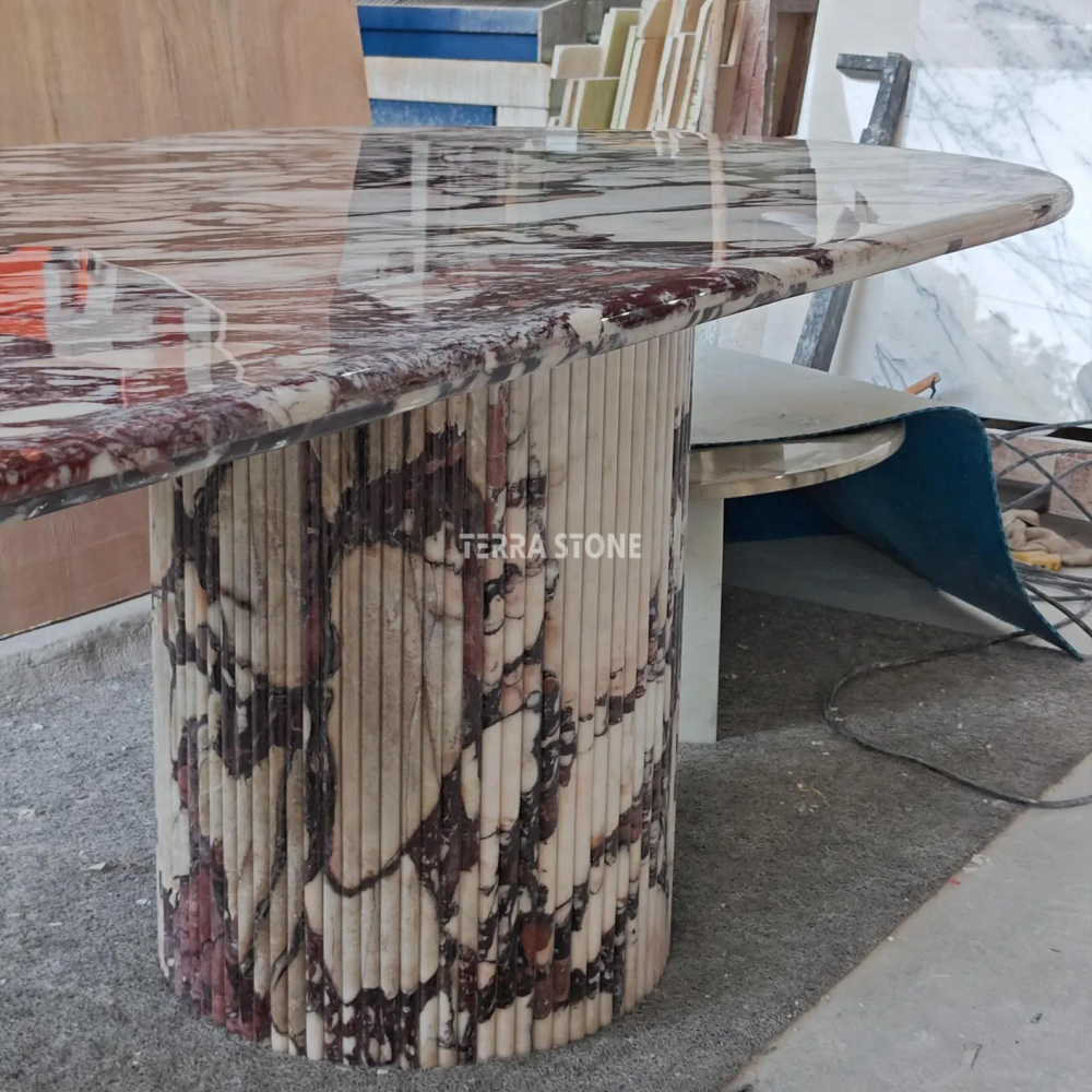 handcrafted calacatta viola marble dining table: solid slab, fluted base handcrafted calacatta viola marble dining table: solid slab, fluted base
