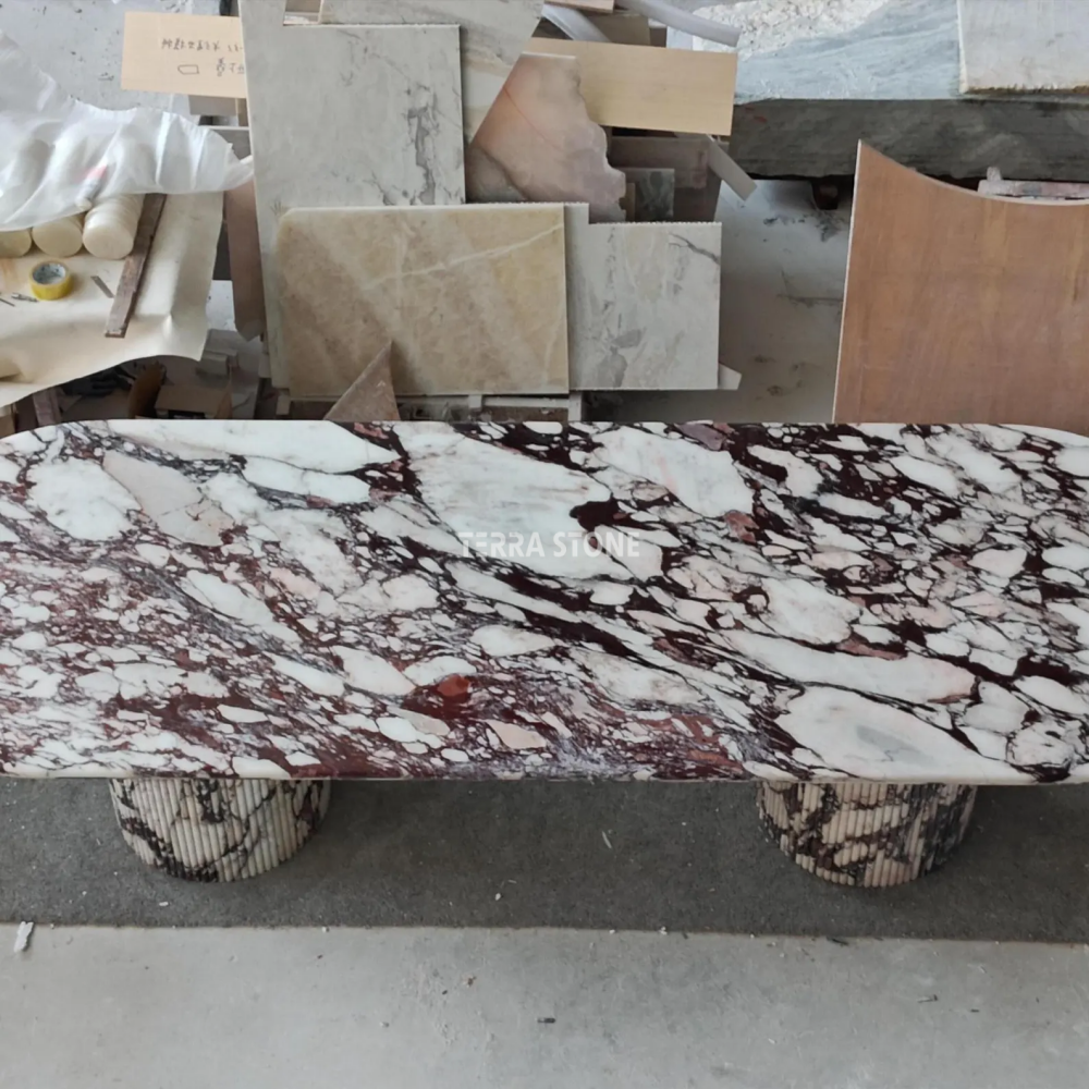 handcrafted calacatta viola marble dining table: solid slab, fluted base handcrafted calacatta viola marble dining table: solid slab, fluted base