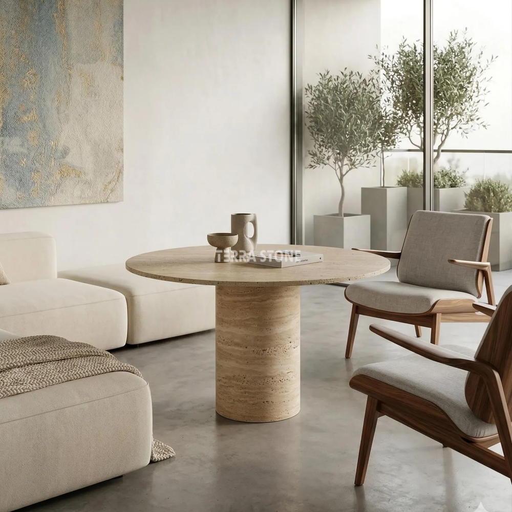 round travertine dining table, italian natural stone pedestal, modern beige marble kitchen furniture round travertine dining table, italian natural stone pedestal, modern beige marble kitchen furniture