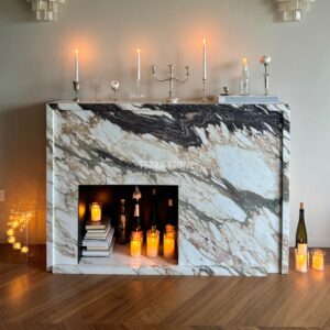 calacatta viola white marble fireplace